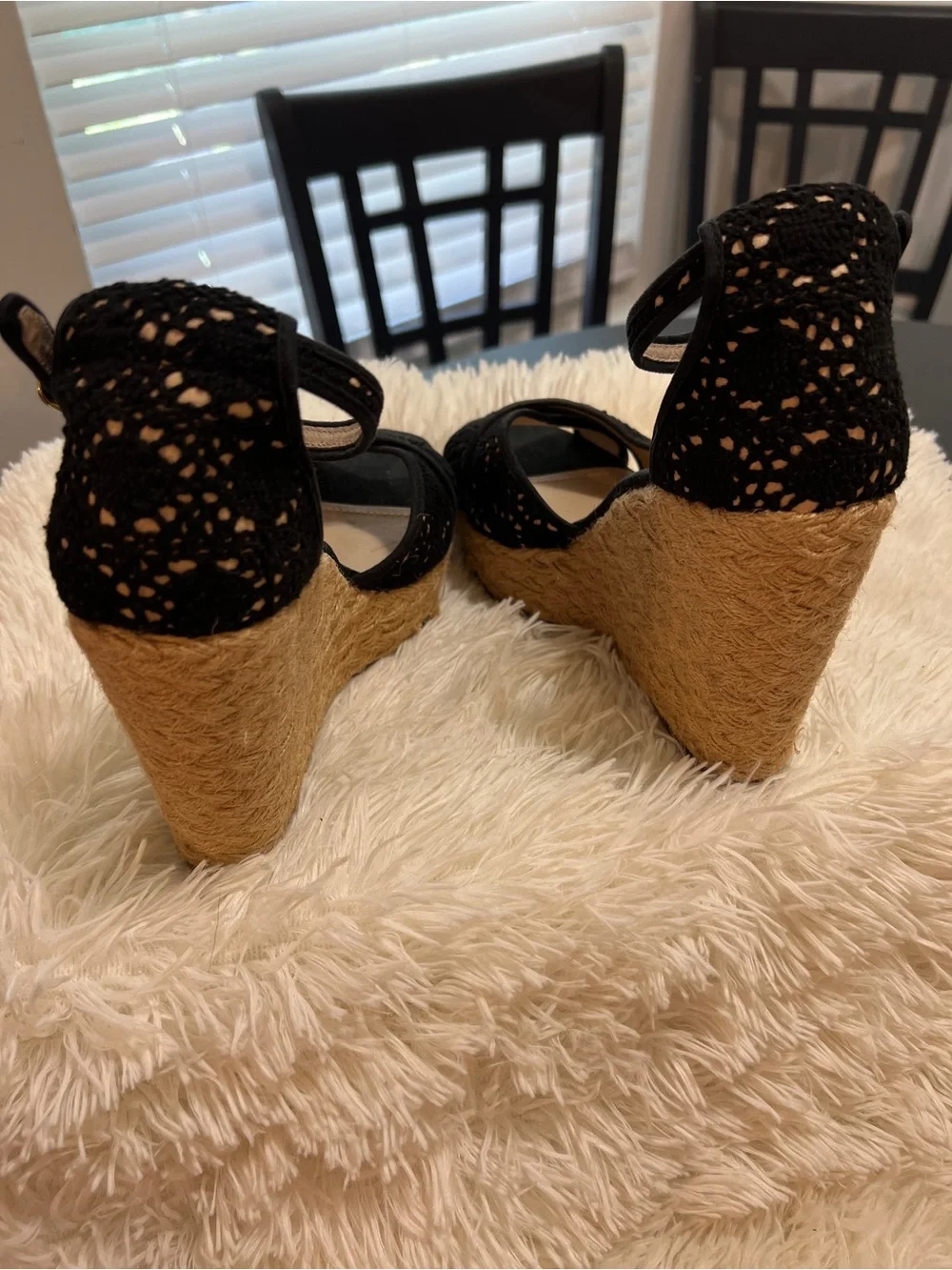 Steve Madden Black Lace Espadrille Wedge Sandals with Jute Platform